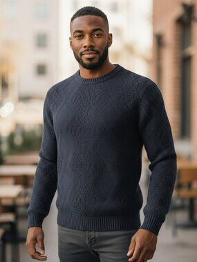 Vintage Men's IOU Navy Textured Crewneck Sweater by 100% Cotton Co.